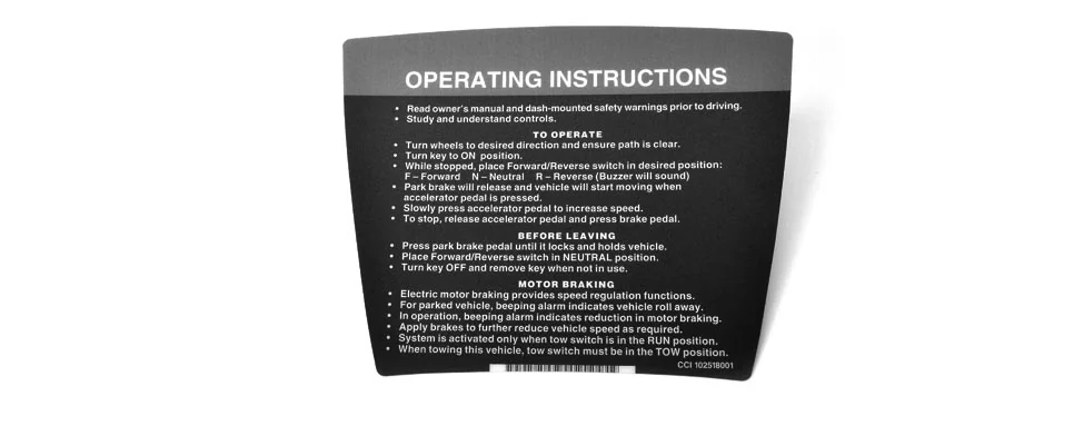 [102518001] DECAL, OPERATING INSTR, ELEC